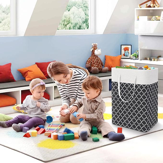 StorageRight Laundry Basket Hamper, 75L Clothes Storage, Clover Black | Freestanding Clothes Hampers, Foldable design, with Easy Carry Handles, For Laundry, Bedroom, Dorm, Clothing, Towels, Toys