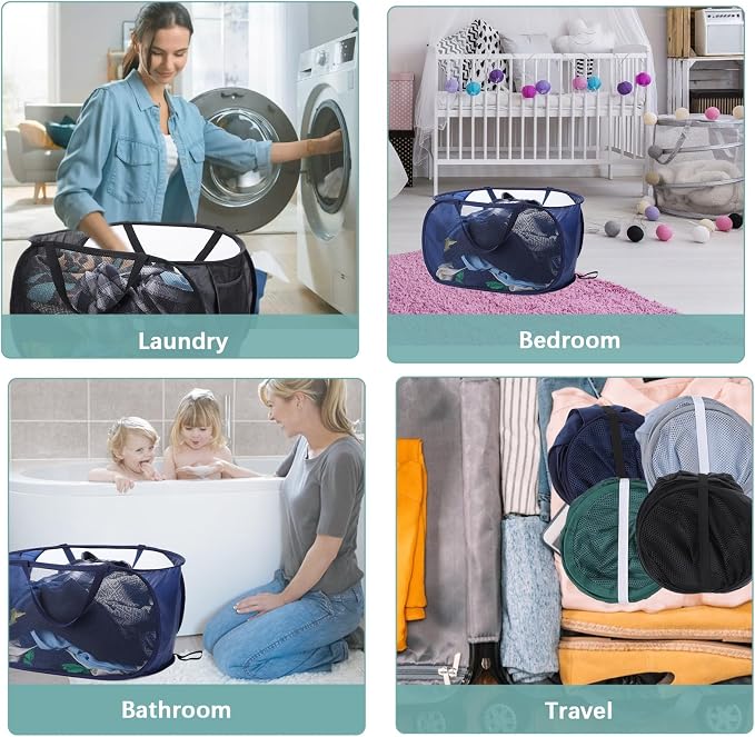 4 Pcs Popup Mesh Laundry Basket, Laundry Hamper with Side Pocket | Foldable, Heavy Duty, Storage Basket with Durable Handles for Bathroom, Travel, Dorm