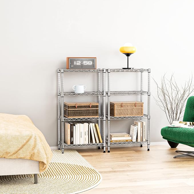 IZEUK 4 Tier Steel Storage Shelves, Heavy Duty Metal Shelf Wire Shelving Rack for Pantry, Kitchen, Living Room, or Office Organization (11.8" D x 21.7" W x 39.5" H, 1000LBS, Chrome)