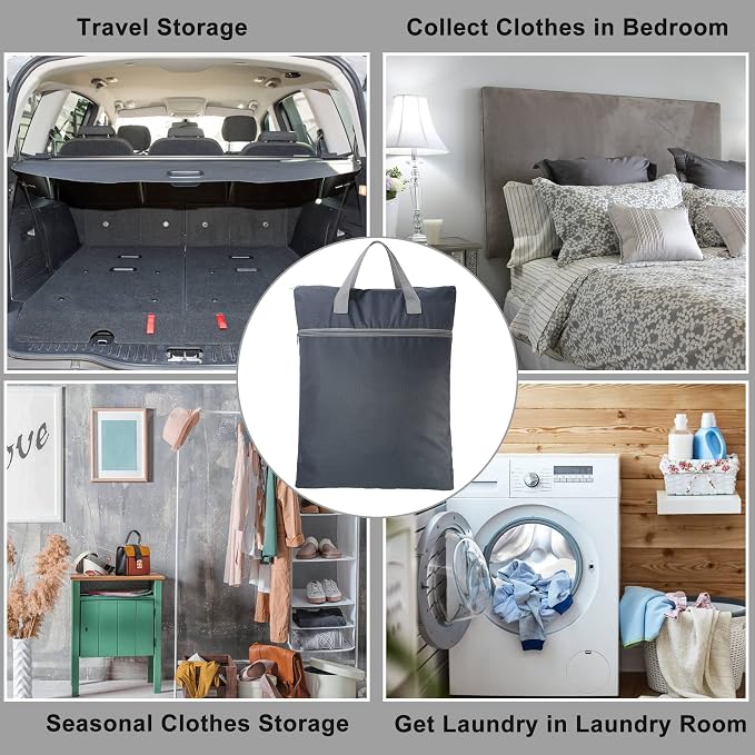 BeeGreen Grey Travel Laundry Bag with Handles & Zipper Pockets Dirty Clothes Hanging Laundry Hamper Heavy Duty Collapsible for College Dorm Gym Beach Pool Swimsuit