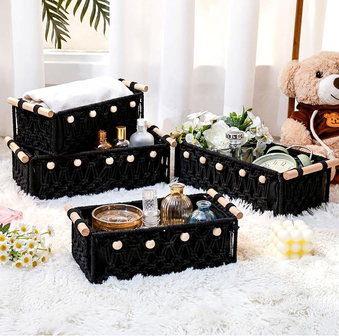 Vesici 4 Pcs Black Macrame Storage Basket for Shelves 13 in 11 in Boho Storage Basket Hand Woven Boxes with Wood Handles Beads Decorative Countertop Toilet Tank Cabinet Organizer for Home Room Decor