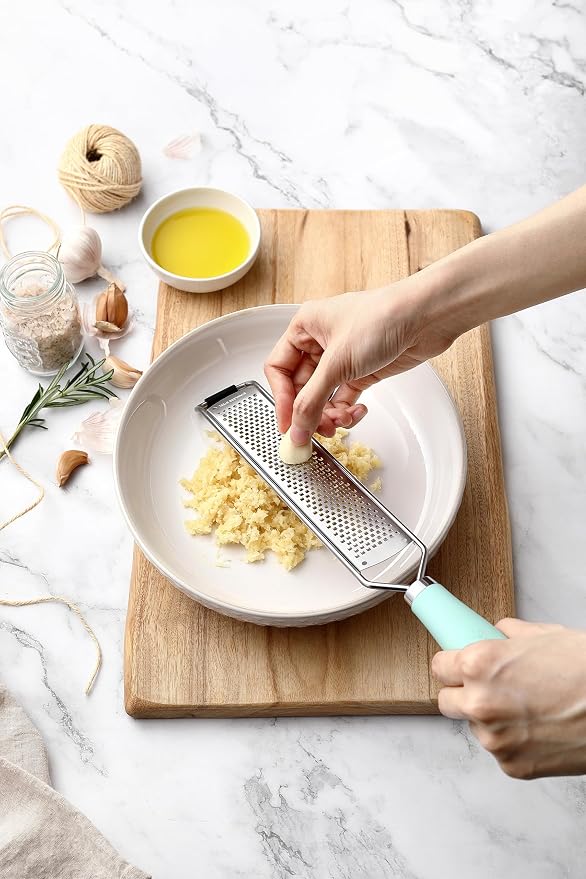 Spring Chef Stainless Steel Lemon Zester Grater with Handle - Garlic, Cheese, Parmesan, Nutmeg, Lime, Ginger Grater - Heavy Duty Kitchen Tool - Citrus Zester with Blade Cover - Fine Shred - Mint
