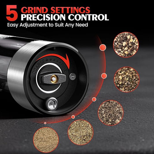 Electric Salt and Pepper Grinder- Automatic Battery Pepper Mill Shakers Kitchen Essentials for New Home Adjustable Coarseness Upgraded Larger Capacity with Led for Housewarming Gifts
