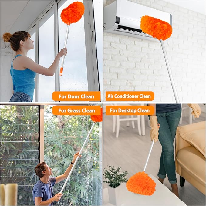 FONUNO Ceiling Fan Cleaner Duster High Ceiling Extended Fan Blade Cleaner | Reusable Microfiber Ceiling Fan Duster with Extension Handle from 13 to 50 Inch for Furniture Bookshelves Wall Door, Orange
