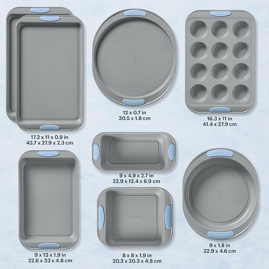 Pyrex 8-Piece Metal Bakeware Set, Lightweight Stainless Steel Baking Trays with Heatsafe Silicone Handles, Cookie & Muffin Sheets, Round/Square Baking Pans, Cerulean