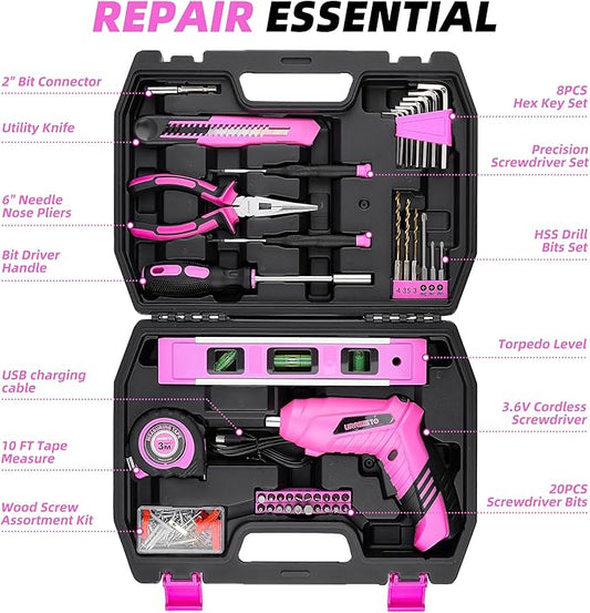 URASISTO 123 Piece Pink Household Tool Set with 3.6V USB Electric Screwdriver, Home Tool Kit with Cordless Lithium-ion Drill Driver, HandTool Kits for Women