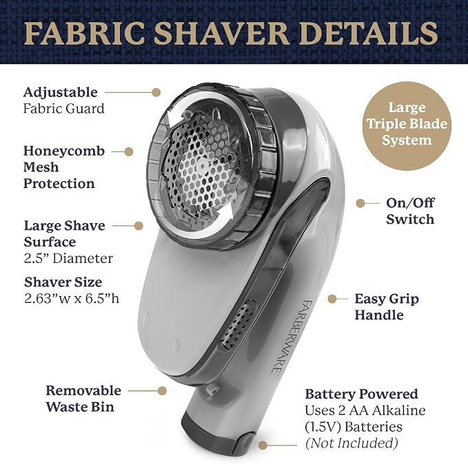 Farberware Fabric Shaver & Lint Remover for Clothing, Large, Triple Blade | Sweater shaver removes pilling, fuzz, and lint balls from clothes, couch, and furniture, battery operated
