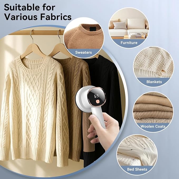 Rechargeable Fabric Shaver for Clothes: 6-Leaf Blades & 3 Speeds to Remove Pilling, Fuzz & Lint Balls - with LED Display, Portable Electric Lint Remover for Sweater, Couch, Blanket, Furniture