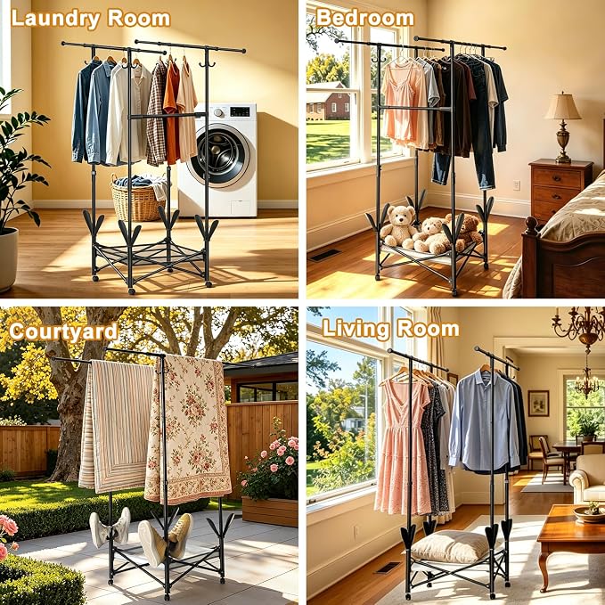 Portable Foldable Clothes Drying Rack - Adjustable Double Extendable Rods (33.1” to 56.7”) -Portable Coat Rack for Travel, Camping, Drying, RV, Indoor, Outdoor, Easy Assemble (Black)