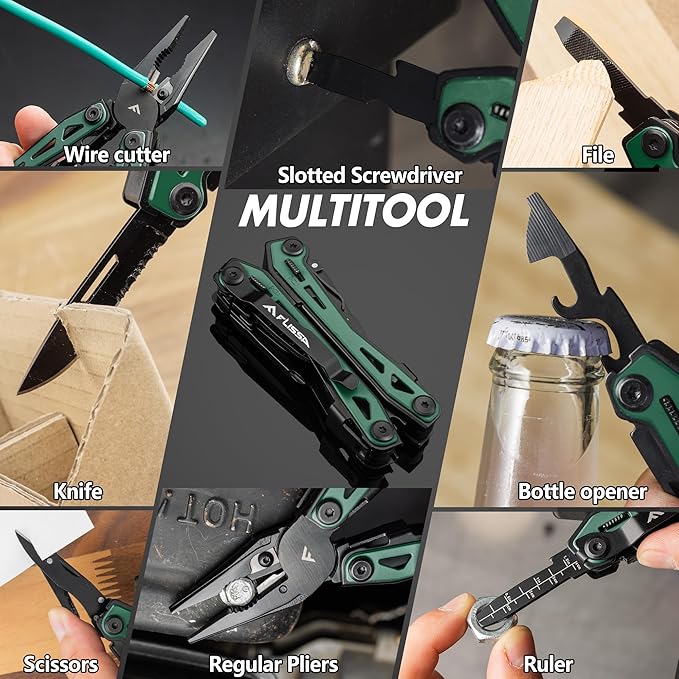 FLISSA 16-In-1 Multi-Tool Pliers, EDC Multitool, Multipurpose Tool, Green | Gift for Men, Stainless Steel, Pocket Knife, Belt Clip, Oxford Pouch, Safety Locking, For Camping, Survival & Outdoor