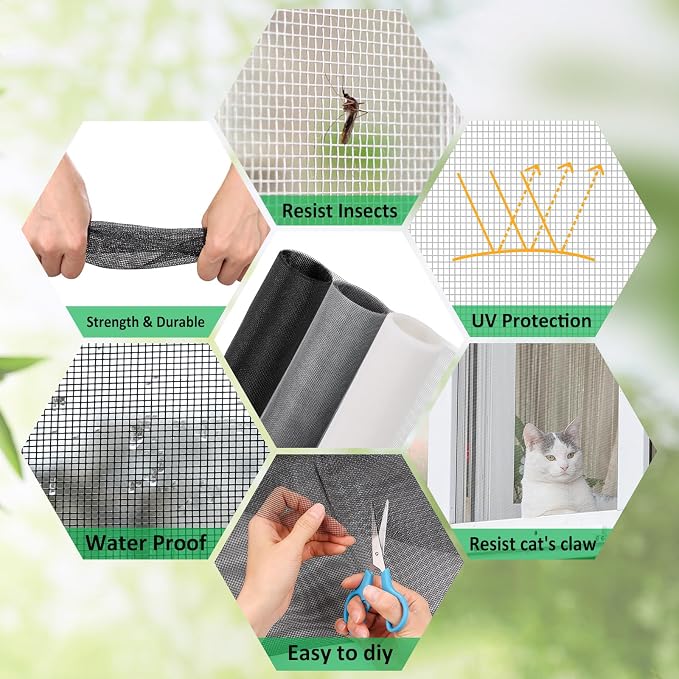 Windows Screen Replacement and Screen Door Repair Kit, 6Pcs Window Screen Fiberglass Mesh Kit - Window Screen & Screen Door Mesh & Screen Porch Repair Kit (Black, 48" x 118")