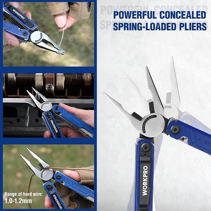 WORKPRO 18-in-1 Multi Tool Pliers Pocket Knife, 2 Safety Locks, EDC, Blue | Gifts for Men Dad Women Wife, Stainless Steel Multitool, Belt Clip and Oxford Pouch, Utility Tool for Camping
