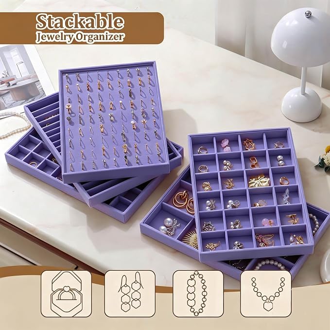 Large Velvet Jewelry Tray 2 Pack Stackable Jewelry Display Drawer Inserts Trays Organizer for Earring Bracelet Necklace Ring (Purple, 12 Grids+24 Grids)
