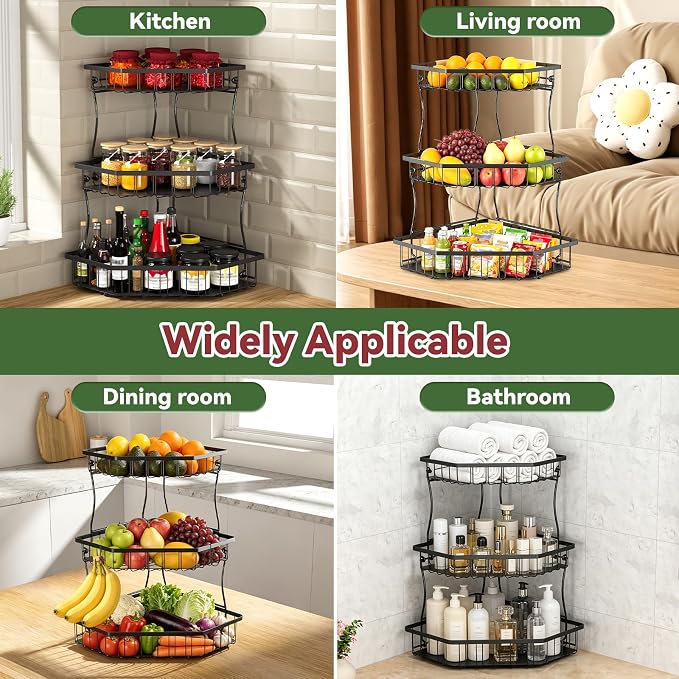3 Tier Fruit Basket for Kitchen Counter - Detachable Metal Fruit Bowl with 2 Banana Hangers for Corner , Large Capacity Fruit Stand with Wooden Handle for Bread Fruit and Vegetable Storage - Black