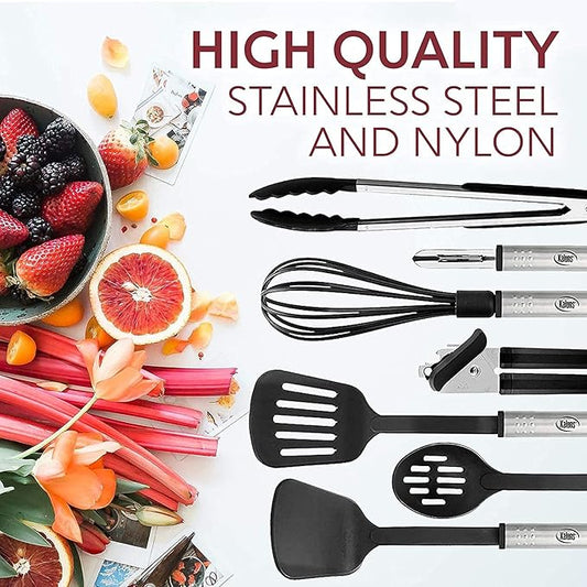 Kitchen Utensils Set - 24 PCS Nylon Cooking Utensils Set, Kitchen Spatula Set with Stainless Steel Handles - Heat Resistant Non-Stick Kitchen Tools - Black Kitchen Utensil Set
