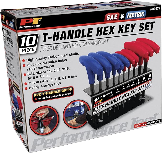 Performance Tool W80277 10-Piece SAE and Metric T-Handle Hex Key Set | Long arm Allen wrench set. High visibility PVC handles. Heat treated alloy steel. Includes wall mount storage tray