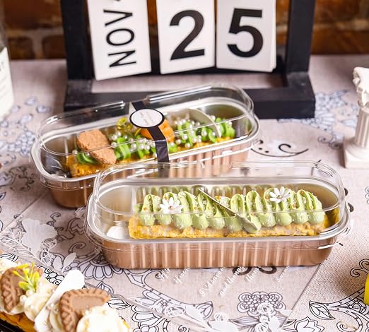 NPLUX 50 PACK Mini Cake Pans with Lids and Spoons, Rectangular Aluminum Foil Bread Pan, Mini Loaf Pans and Food Containers with Lids for Graduation Gifts Party Favors(Champagne, 6.8oz)