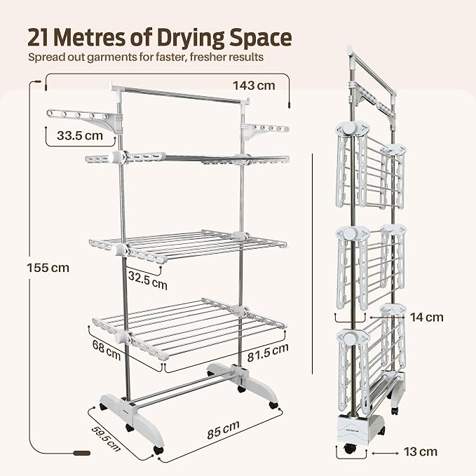 PORTENTUM Clothes airer drying rack – 5-Tier foldable to 14 cm with 58 hanger hooks – Up to 40 kg – horse-style dryer with 24 stainless-steel bars – Indoor and outdoor use – Swivel wheels with brake