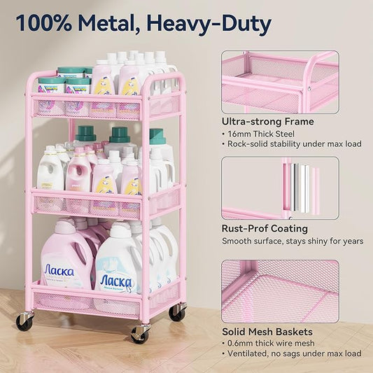 YASONIC 3 Tier Rolling Cart โ Metal Utility Storage Cart with Wheels, Craft Cart Organizer with Hanging Cups, Hooks, Mesh Basket for Bedside Kitchen Office Art, Pink