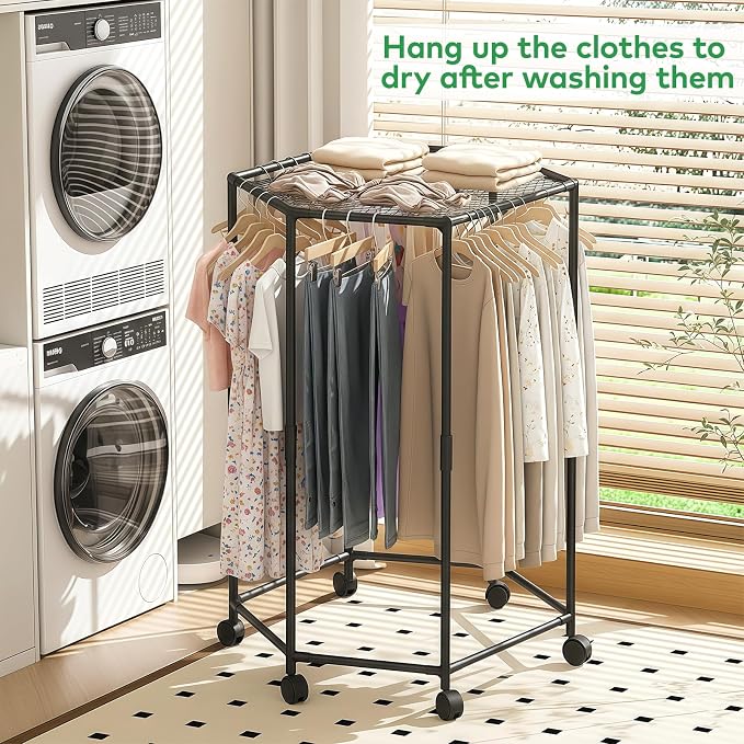 Clothes Rack with Wheels, Clothing Rack with drying mesh, Standing Garment Storage for Indoor, Hanging Rod for Bedroom Laundry Room, Coat Dress Organizer on Wheels (48.4" H)