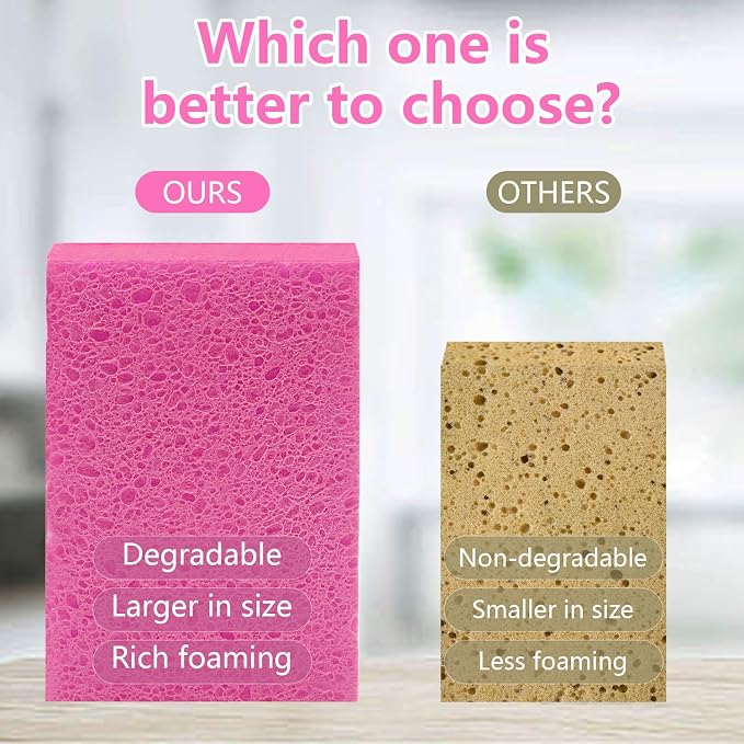 Cellulose Sponges, Large Size 4" x 6" x 1" - Heavy Duty Scrub Kitchen Sponge, Clean Tough Messes Without Scratching Kitchen Cleaning Pads, Pop Up Eco DIY (6 Pack), Pink