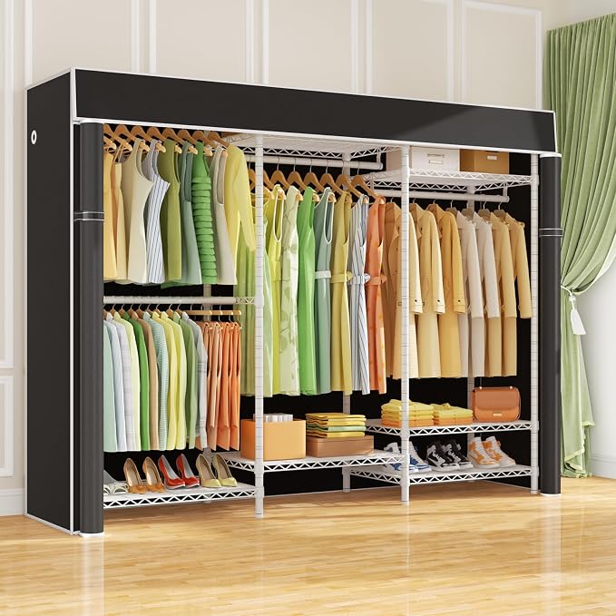 Ulif E13C Heavy Duty Closet Organizer System,Freestanding Clothing Racks for Hanging Clothes,Adjustable Garment Rack 63" W x 16" D x 77" H Hold 960 lbs,White Clothing Rack with Black Dustproof Cover