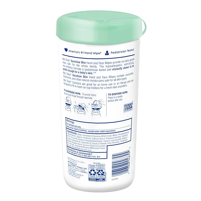 Wet Ones Hand and Face Wipes, Sensitive Skin, Unscented, Hand and Face, 40ct Canister (6 pack)
