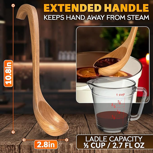 Wooden Ladle for Soup – 10.8×2.8" Deep Wood Ladle with 2.7 fl oz Capacity, Long Handle Hook-End & Lacquer Coating for Comfortable Grip – Easy-Clean Wooden Soup Spoon for Sauces, Stews & Kitchen Use