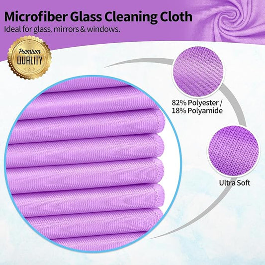 Microfiber Cleaning Cloth - 6 Pack Glasses Cleaning Cloth, 16" x 14" Window Cleaning Rags, Streak Free Lint Free Polishing Cloths Wipes for Eye Glass, Stainless Steel, Windshield, Purple