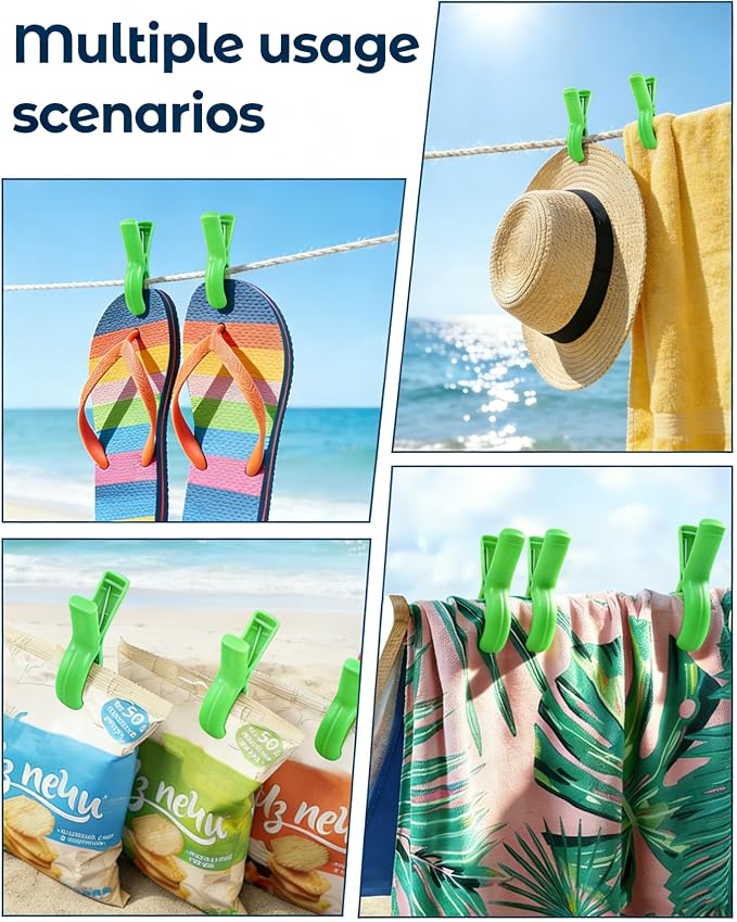 10 Pack Beach Towel Clips Heavy Duty Large Beach Essentials Chair Pool Clip | Green Clips with Strong Grip, Silicone Protection, Rust Resistant Spring, Multi-Use for Beach, Boat, Cruise & Outdoors