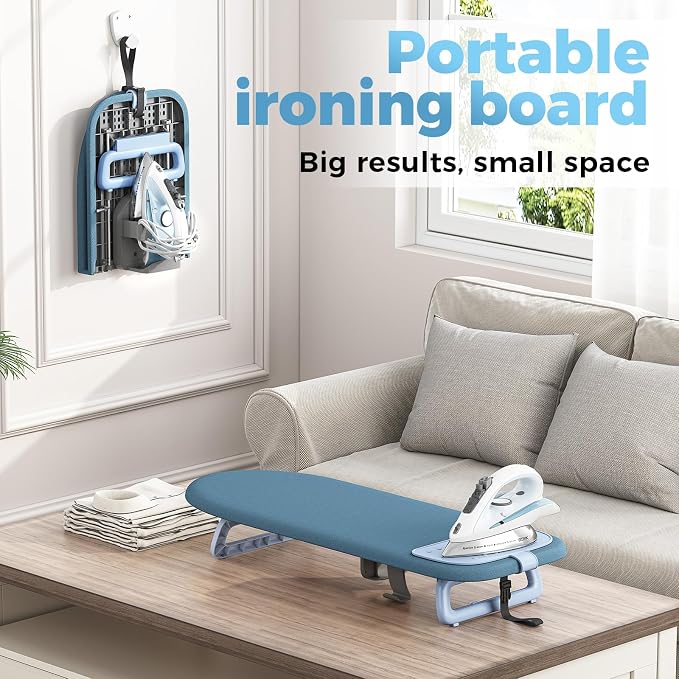 KINGBOARD Small Ironing Board with Iron Holder,Space Saving 12x32 Blue | Tabletop Ironing Board with Heat Resistant Cover, Foldable Mini Iron Board with Non-Slip Feet, Easy Storage for Travel & Dorm