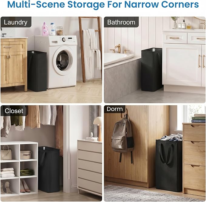 efluky 2 Pack Slim Laundry Basket, Narrow Laundry Hamper with Handles, Collapsible Dirty Clothes Hamper, Tall Laundry Bin for Laundry Room, Dorm and Bedroom, 50L Black