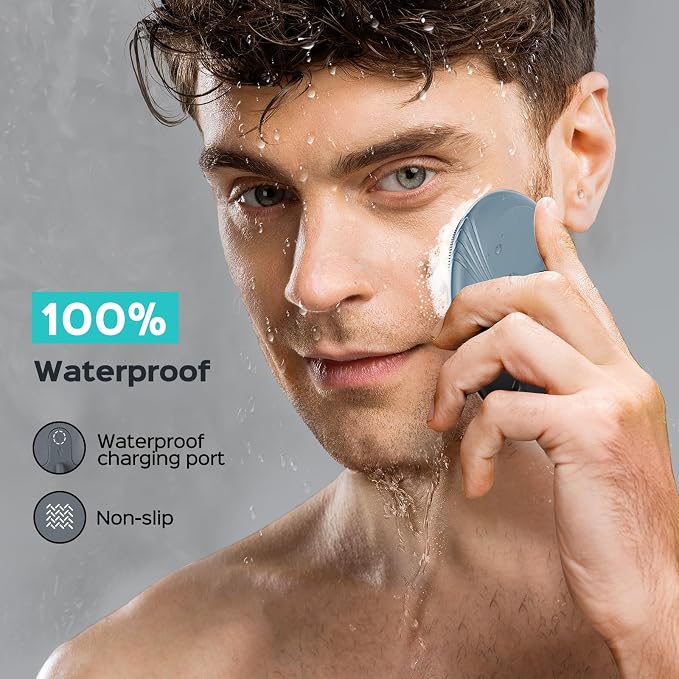 COSLUS FBS01 Facial Cleansing Brush Face Scrubber, Compact for Travel | Rechargeable, Gentle Silicone, 5 Cleansing Modes, Deep Cleaning for Men & Women, Removing Blackhead Exfoliating, Hazy Blue