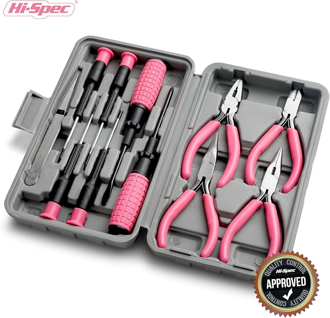 Hi-Spec 11pc Pink Womans Compact Crafts & Home DIY Repair Hand Tool Kit Set with Pliers, Cutters and Precision Screwdrivers for Ladies | 11pc, everyday fixes made easier, organized portable storage, beginner-friendly selection, apartment and office tas...