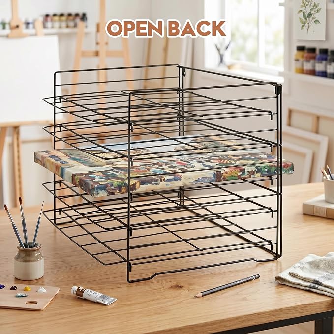 Wall Mount & Tabletop Art Drying Rack for Classroom, Art Storage Rack for Painting Canvas with10 Removable Shelves, Pizza Stone Pan Rack, Desk Organizers, Vinyl Roll Storage Holder