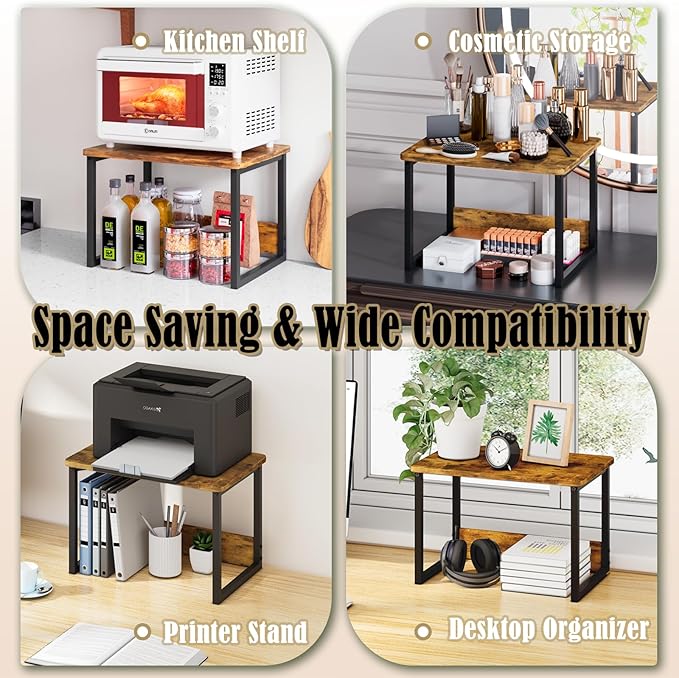 MARTY Kitchen Countertop Organizer Cabinet Shelf, 17x12.4 Large Spice Racks Counter Shelf Microwave Oven Rack Desktop Storage Organization for Kitchen, Office, Metal & Wood, Rustic Brown