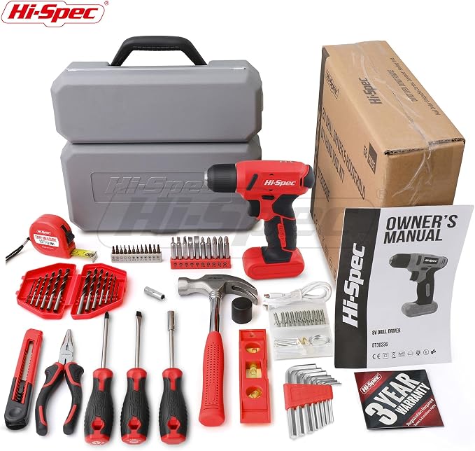 Hi-Spec 8V USB Cordless Drill Driver Home Tool Kit for Home DIY, Red | 58pc, faster holes and screwdriving, bit accessories, portable carry storage, light-duty project control, home setup help