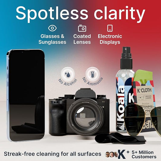 Koala Eyeglass Lens Cleaner Spray Kit | Japanese Microfiber (2 Piece Set) | (1x) Glasses Cleaner Bottle + (1x) Microfiber Cloth | Alcohol Free Eyeglasses, Screen, and Camera Cleaning Kit | Made in USA