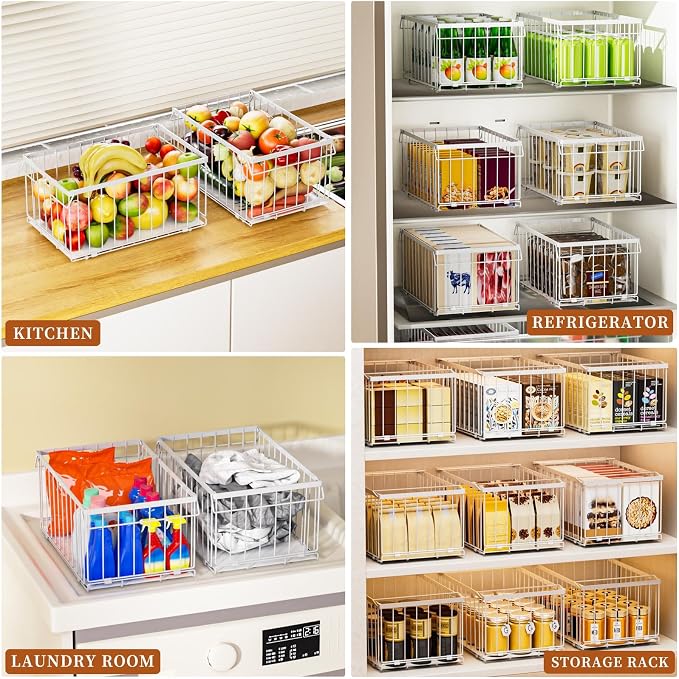 Large Freezer Organizer Bins, Upgrade Quick Expand/Collapse Feature, for 5-9 Cu.Ft Deep Freezer, 4 Pack Stackable Deep Freezer Organizer Bins, Black Wire Foldable Baskets White 4 Pack