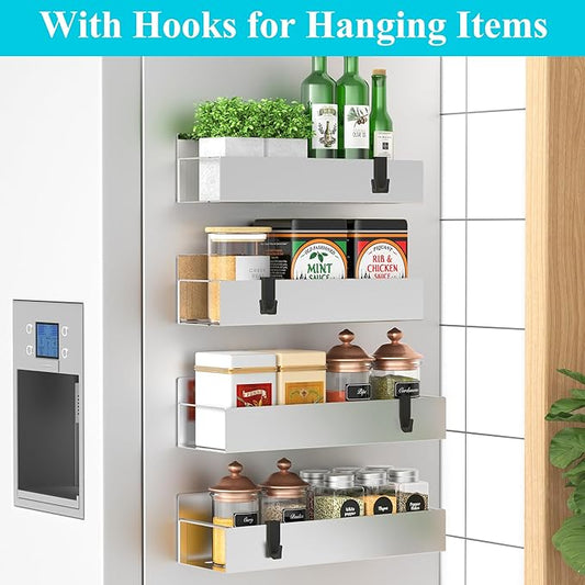 HuggieGems 4 Pack Magnetic Spice Storage Rack Organizer for Refrigerator and Oven, Silver Fridge Organizers and Storage