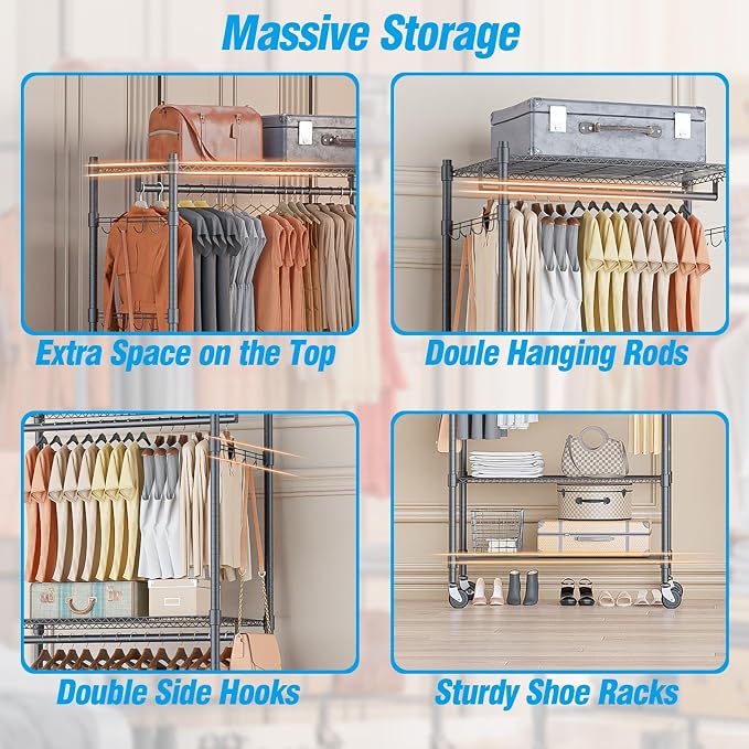 Homdox Narrow Rolling Garment Rack with Double Rods and 3 Adjustable Shelves, Compact Portable Closet Organizer for Bedroom, Dorm, Laundry Room, 23.62" W x 16.54" D x 80.71" H, Gray