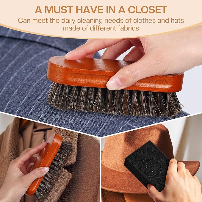 4 Pcs Horsehair Felt Hat Brush Kit with Cleaning Sponge Cowboy Clean Hat Wood Fedora Hat Cleaning Set Baseball Cap Lint Brush Remove Dust for Hair Furniture Suits Clothes(Style F)