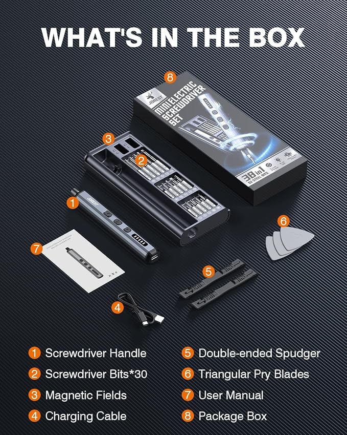 JOREST Mini Electric Screwdriver, Small Cordless Precision Screwdriver set with 38 Magnetic Bits, 5 Torque Settings, Repair Tool for iPhones, Laptop, Drone, Game Console, Camera; Gift for Father