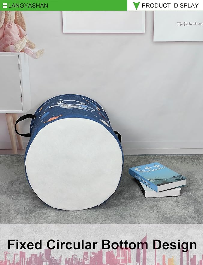 Round Laundry Basket Collapsible Storage Hamper Organizer Space Astronaut | Waterproof Canvas Foldable Baskets with sturdy Handles Multi-scene Organizer for Home Play Bedroom Gift Bin
