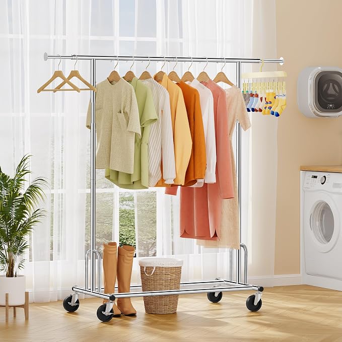 Tajsoon Heavy Duty Clothes Rack Foldable Garment Rack with Wheels and Extendable Rod, Freestanding Clothing Rack for Hanging Clothes, Adjustable & Collapsible Rolling Racks with Bottom Shelf, Chrome
