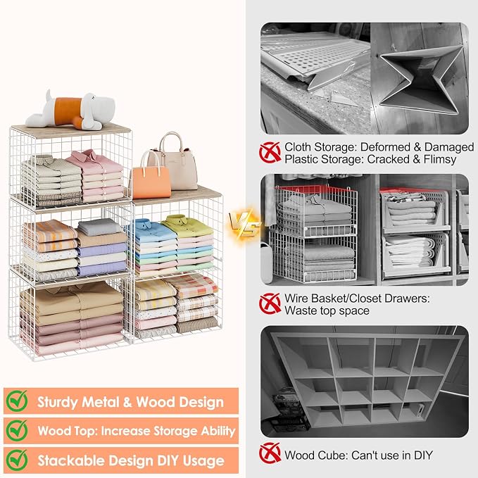5 Pack Extra-Long Closet Organizers and Storage with Ajustable Shelf, Stackable Closet Shelf Organizer, Double Storage Design Clothes Storage Cube/Bin Organizer for Wardrobe, Space-Saving, White