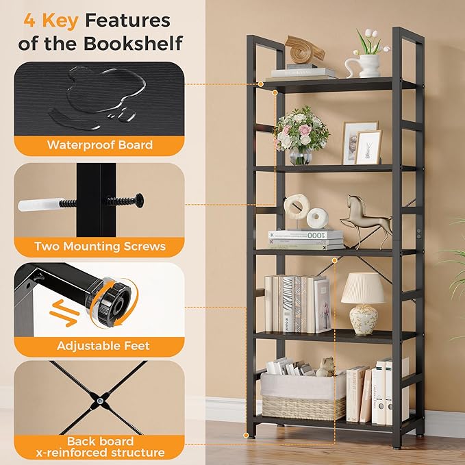 DUMOS 5-Tier Bookshelf, Modern Tall Bookcase Book Shelf | Open Storage Display Shelf for Living Room, Bedroom, Home Office, Narrow Standing Shelving Unit for Books, CDs, Décor Black