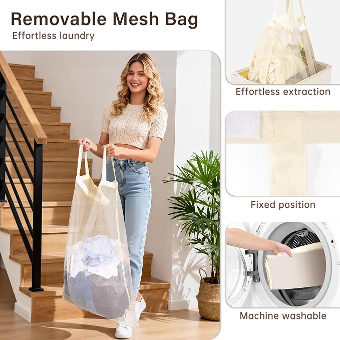 Criusia Laundry Hamper with Lid and Foot Pedal, 100L Fabric Laundry Basket with Removable Mesh Bag, Slim Foldable Design for Bathroom and Laundry Room (Beige)