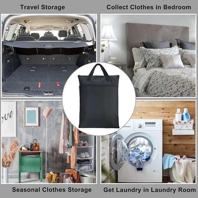 BeeGreen Black Travel Laundry Bag with Strap & Zipper Pockets Hanging Laundry Hamper Heavy Duty Collapsible for Dirty Clothes College Dorm Gym Beach Pool Swimsuit