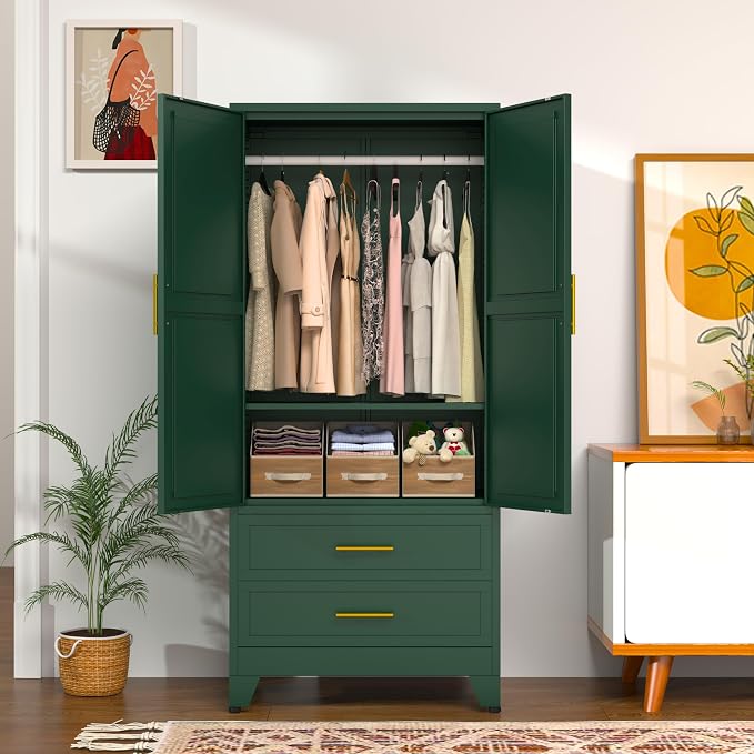 GAIOUS 71" Wardrobe Cabinet with 2 Doors, 1 Adjustable Shelf and 2 Drawers | Metal Clothing Storage Cabinets with Hanging Rod, Armoire Wardrobe Closet for Bedroom, Cloak Room, Gym (Green)